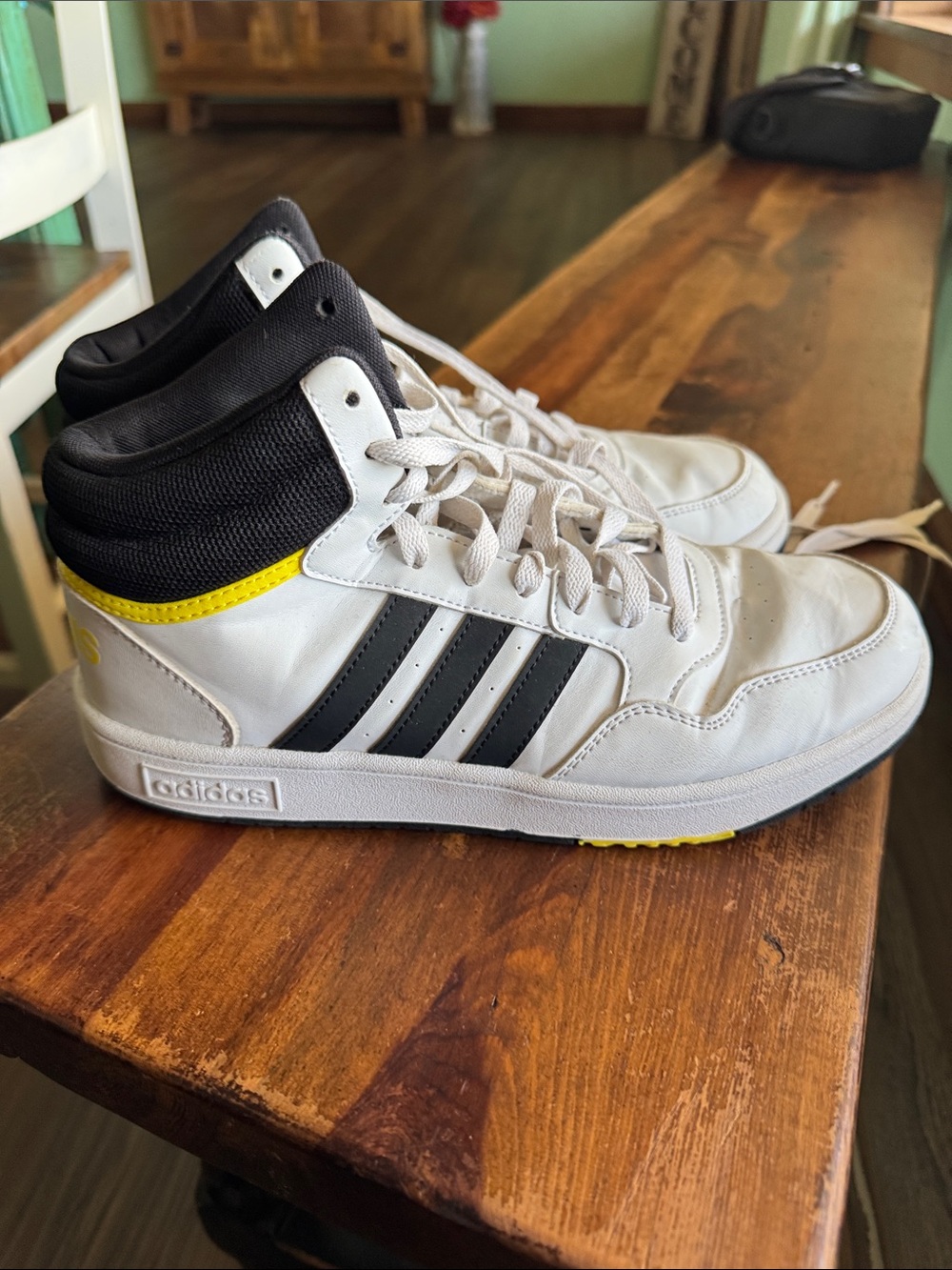 adidas Men's White High-Top Sneakers with Black Stripes and Yellow Trim